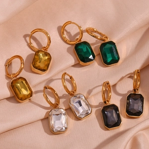 Fashion Stainless Steel Rhinestone Rectangular Pendant Earrings For Women Gold Plated Geometric Beveled Drop Earrings Jewelry