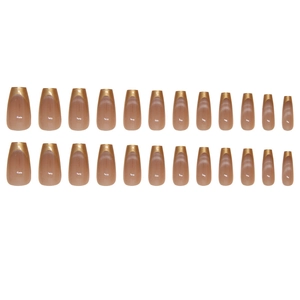 Set of 24 cat eye coffin press-on nails with brown french tip design and glossy finish