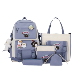 Five-piece nylon school bag set for girls in grey-blue and beige with cute bear print