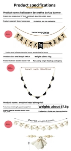 Detail of Halloween wooden bead garland with bat tags and burlap Trick or Treat banner
