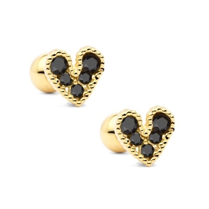 S925 silver gold-plated heart stud earrings with black crystals and ball back closure