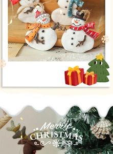 Detail of Christmas snowman resin pendants with festive scarves and twine hanging loops