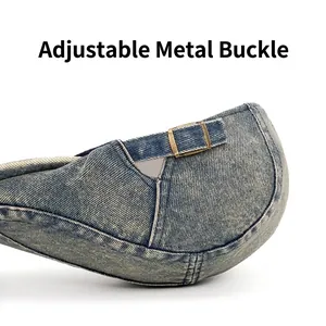 Adjustable back strap of washed denim beret cap with premium brass metal buckle closure