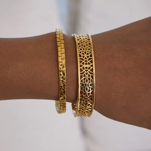 Vintage style gold titanium steel open bangle and link bracelet set for women