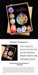 Detail of healing crystals set with Metatron resin pendant in craft paper box