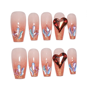 Sparkling gradient red trapezoid press-on nails with luxury aurora heart-shaped crystals