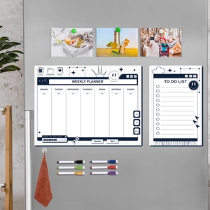 Magnetic weekly planner and to do list on fridge with colorful markers and eraser