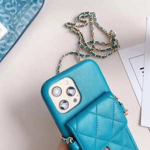 Blue quilted leather iPhone case with a crossbody chain strap and integrated card holder