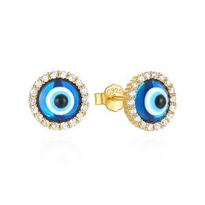 Detail of S925 silver gold stud earrings with blue evil eye and clear zircon stones