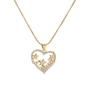 Golden heart pendant necklace with micro-paved zircons and star details on box chain
