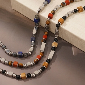 Men's natural lapis and tiger eye stone beaded bracelet with metal accent charms