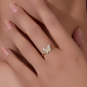Elegant S925 sterling silver butterfly ring with sparkling diamonds on gold plated band