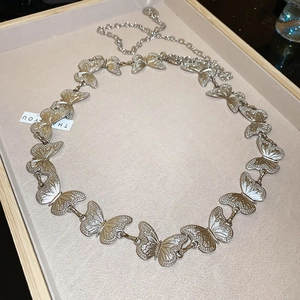 Vintage silver hollow butterfly chain belt with geometric charms and lobster clasp