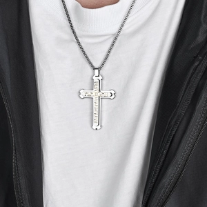 Stainless Steel Cross Pendant Necklace For Men With Greek Key Pattern Layered Design Retro Hip Hop Punk Jewelry
