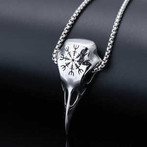 Vintage stainless steel Viking raven skull pendant necklace with Vegvisir compass detail