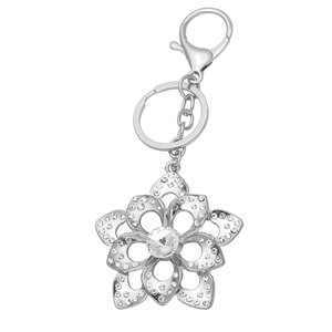 Elegant silver flower keychain with rhinestones and lobster clasp for bags and keys