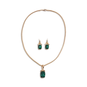Set vintage collana e orecchini con pendente quadrato verde e catena a corda dorata