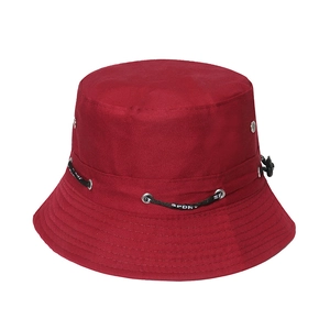 Detail of red breathable outdoor fishing hat with adjustable black SPORT drawstring cord