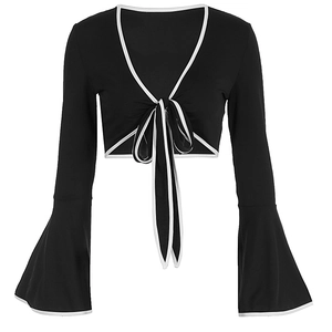 Sexy V-neck crop top with contrast piping, bell sleeves, and front tie bow detail