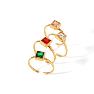 Set of four adjustable 18k gold plated stainless steel rings with square colorful zircons
