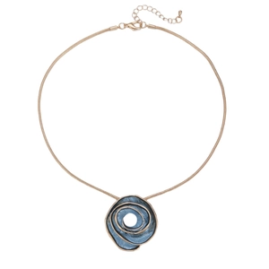Golden necklace with blue enamel hollow rose pendant and pearl inlay on a white background