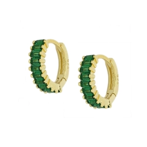 Macro shot of 925 sterling silver stamp and emerald-cut green cubic zirconia on gold hoops
