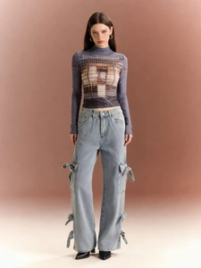 Women's stylish wide-leg cargo jeans with side bow tie and printed mesh top set