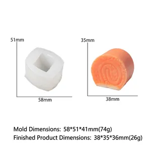 DIY siliconen mal afmetingen 58x51x41mm en voltooide spiraal cake 38x35x36mm