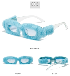 Detail view of light blue fuzzy square sunglasses featuring plush trim and clear temples