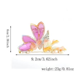 Pink and orange acetate butterfly hair claw clip with rhinestones, 9.2cm length