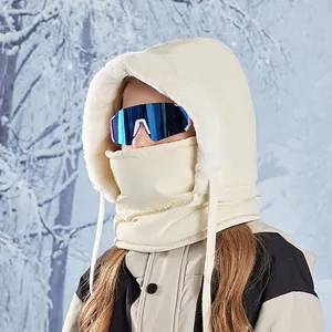 Beige winter hooded neck warmer with faux rabbit fur trim for outdoor skiing and cycling