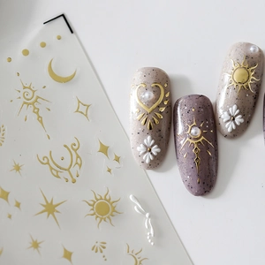 Golden sun and moon nail stickers with 3D white embossed flower decorations