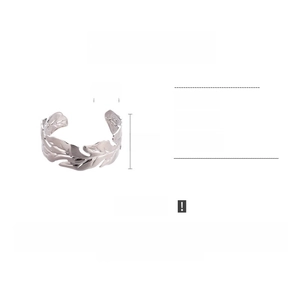 Detail of silver leaf cuff bracelet showing dimensions of 6.3cm diameter and 3.2cm width