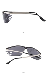 Side and back view of silver flame sunglasses with grey lenses and metallic frame