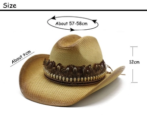 Detailed size specifications for the Western straw cowboy hat with feather and skull trim