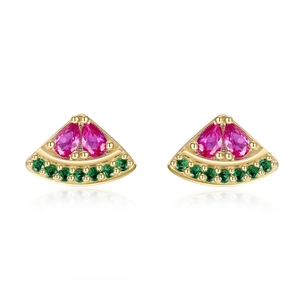 Boucles d'oreilles pastèque dorées avec zircons roses et verts étincelants et chic