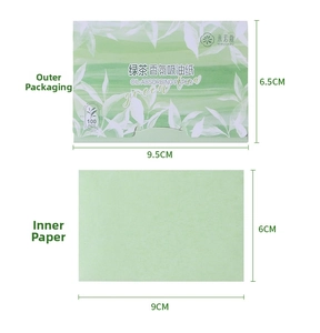 Macro detail of green tea oil absorbing sheets showing packaging and paper size dimensions