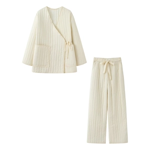 Women's cream quilted cotton two-piece loungewear set with kimono collar top and pants