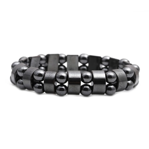 Men's double row black hematite beaded bracelet with magnetic stone rectangular spacers