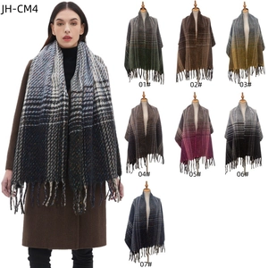 Women's autumn winter gradient plaid shawl scarf with long fringes and tassels