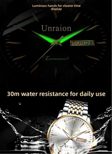 Luminous business watch showing dual calendar window and waterproof splash effect in detail