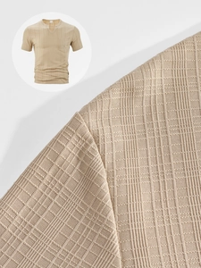 Close-up of khaki waffle knit fabric texture on men's V-neck shirt with pocket detail