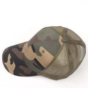Detail of camouflage truck hat with breathable mesh back and jungle pattern