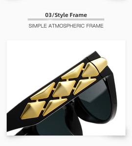 Macro shot of black sunglasses temples with luxury gold diamond-shaped metal rivets