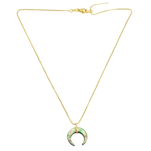 Golden crescent moon necklace with iridescent shell pendant on white background