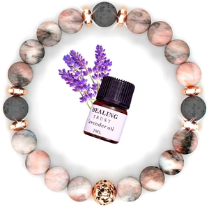 Pink zebra jasper and lava stone bracelet with lavender essential oil for healing