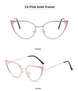 Detailed views of pink gold cat-eye glasses frame with golden metal temple accents