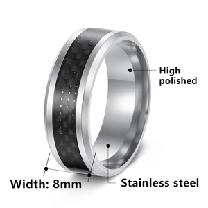8mm men's stainless steel ring with black carbon fiber inlay and high polished finish