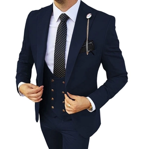 Navy blue three-piece slim fit business suit with jacket, double-breasted vest and trousers