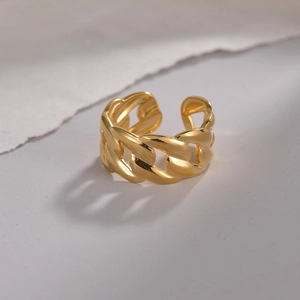 Adjustable golden hollow Cuban link chain ring in polished stainless steel for women and men